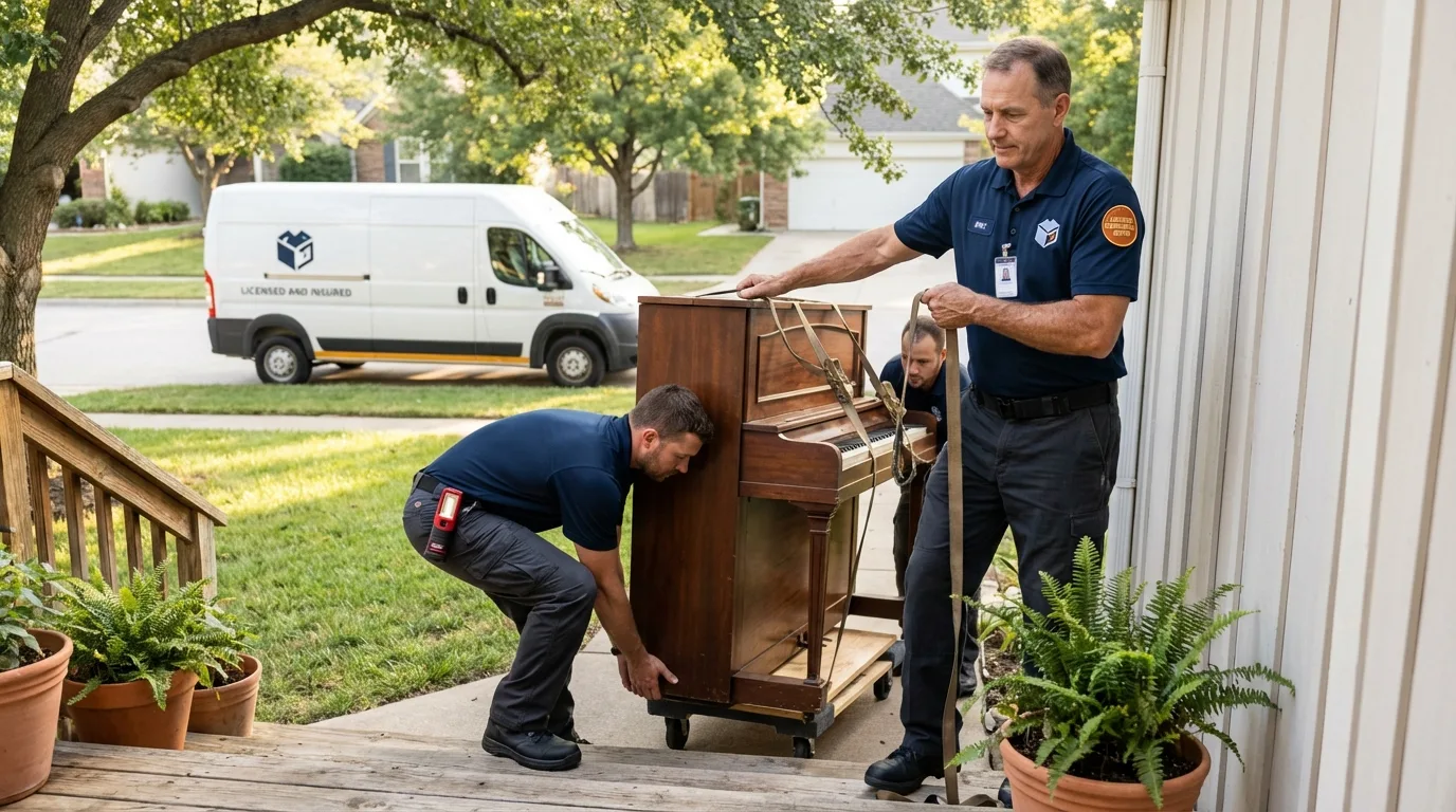 Licensed piano movers securing grand piano in Tower City, PA