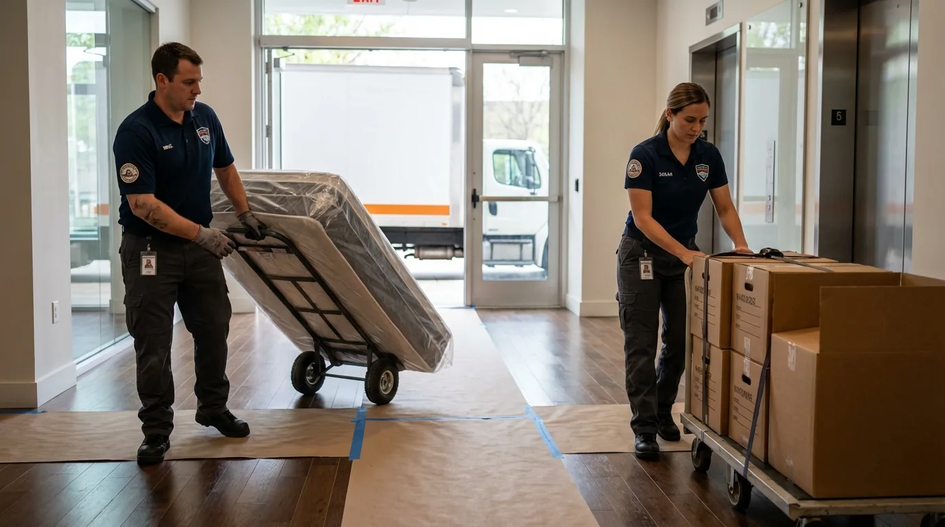 Professional apartment movers loading elevator in Tower City, PA